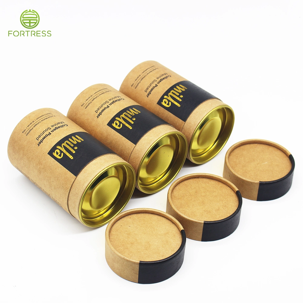 Food-Grade Custom Luxury Printed Supplement Powder Kraft Paper Tube for Powder Food Round Paper Packaging Gift Box with Good Airtightness Metal Sealing Lid